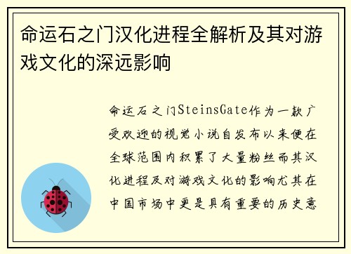 命运石之门汉化进程全解析及其对游戏文化的深远影响
